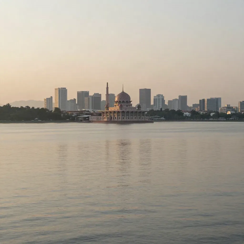 Pemandangan Johor Bahru berkabus emas, kubah masjid dan laut tenang untuk ruang teks.